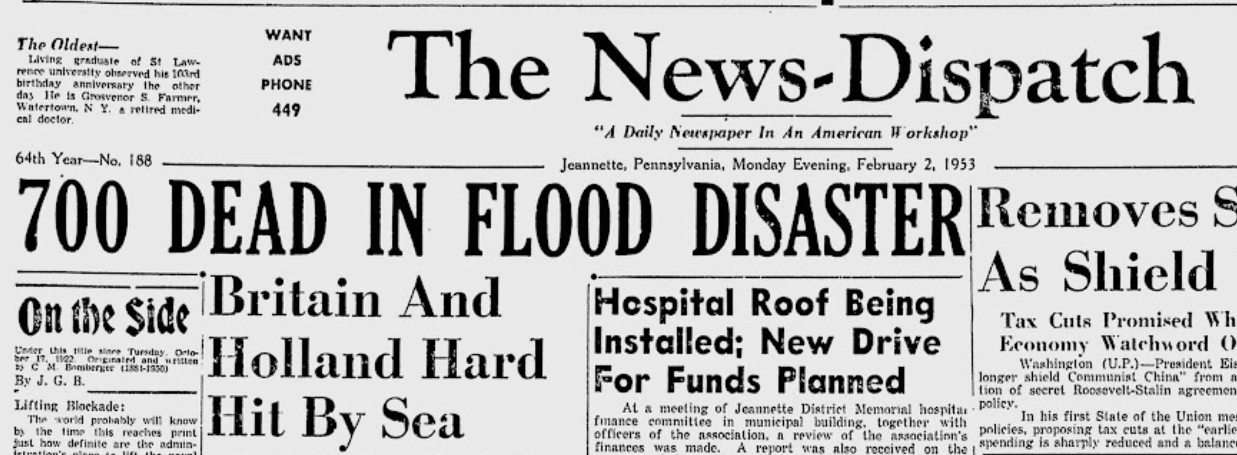 700 doden, Nederland en Groot Brittannië hard geraakt door zee. Bron: The News Dispatch, 2 februari 1953, MyHeritage SuperSearch