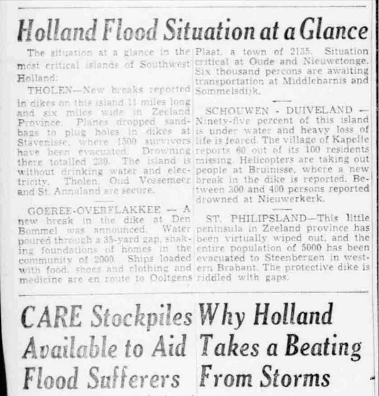 Watersnoodramp in Nederland beschreven in The Boston Globe, 4 februari 1953. Bron: MyHeritage SuperSearch