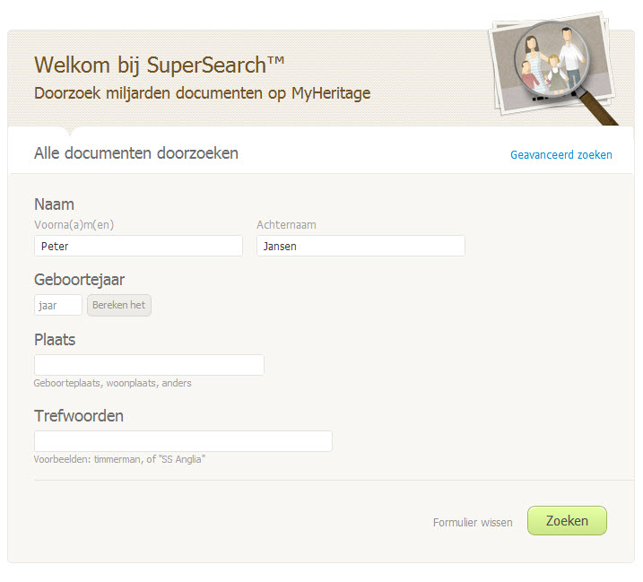 Startpagina SuperSearch (klik voor een vergroting)