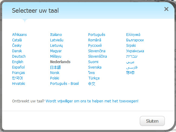Kies uit 38 talen (klik voor een vergroting)