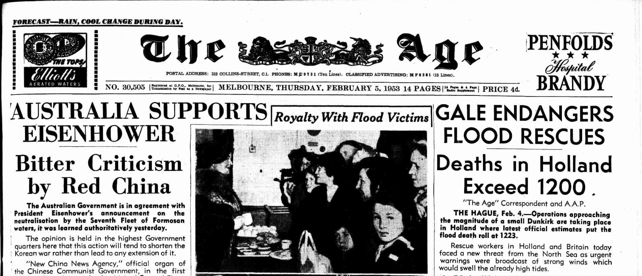 Meer dan 1200 doden door watersnoodramp in Nederland - The Age, Melbourne, Victoria, Australië, 5 februari 1953. Bron: MyHeritage SuperSearch