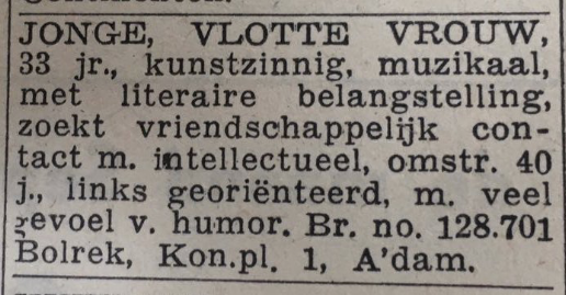 Contactadvertentie van Annie M.G.Schmidt uit 1947 in De Groene Amsterdammer. Bron: De Groene Amsterdammer