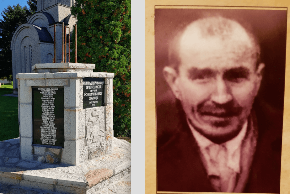 Links: het monument met daarop de naam van de overgrootvader van Tadić; Ilja Radakovic – op de foto rechts