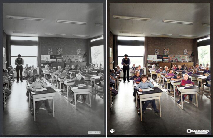 Schooklas van de Roncallischool, basisschool te Gouda. Bron Nationaal Archief, CCO. Originele foto (links) ingekleurd met MyHeritage In Color (rechts)