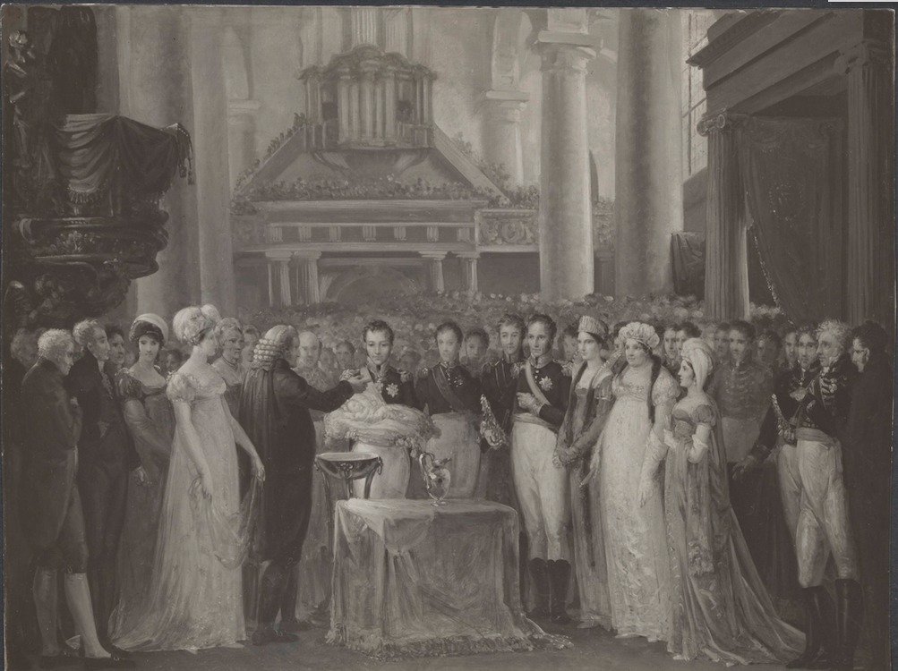 Doopplechtigheid van prins Willem (later Koning Willem III) te Brussel in 1817. Schilderij van Van Bree. Bron: Nationaal Archief, publiek domein.