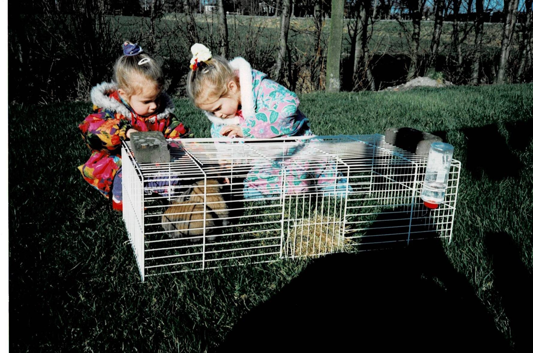 Foto van maart 1994. Konijnen Snoetje en Stampertje gekregen voor Angela's verjaardag.