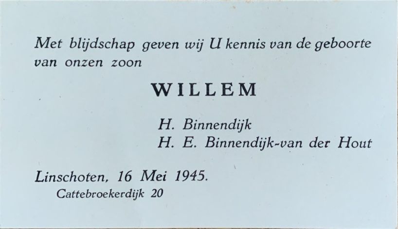 Geboortekaart van mijn vader, Willem Binnendijk