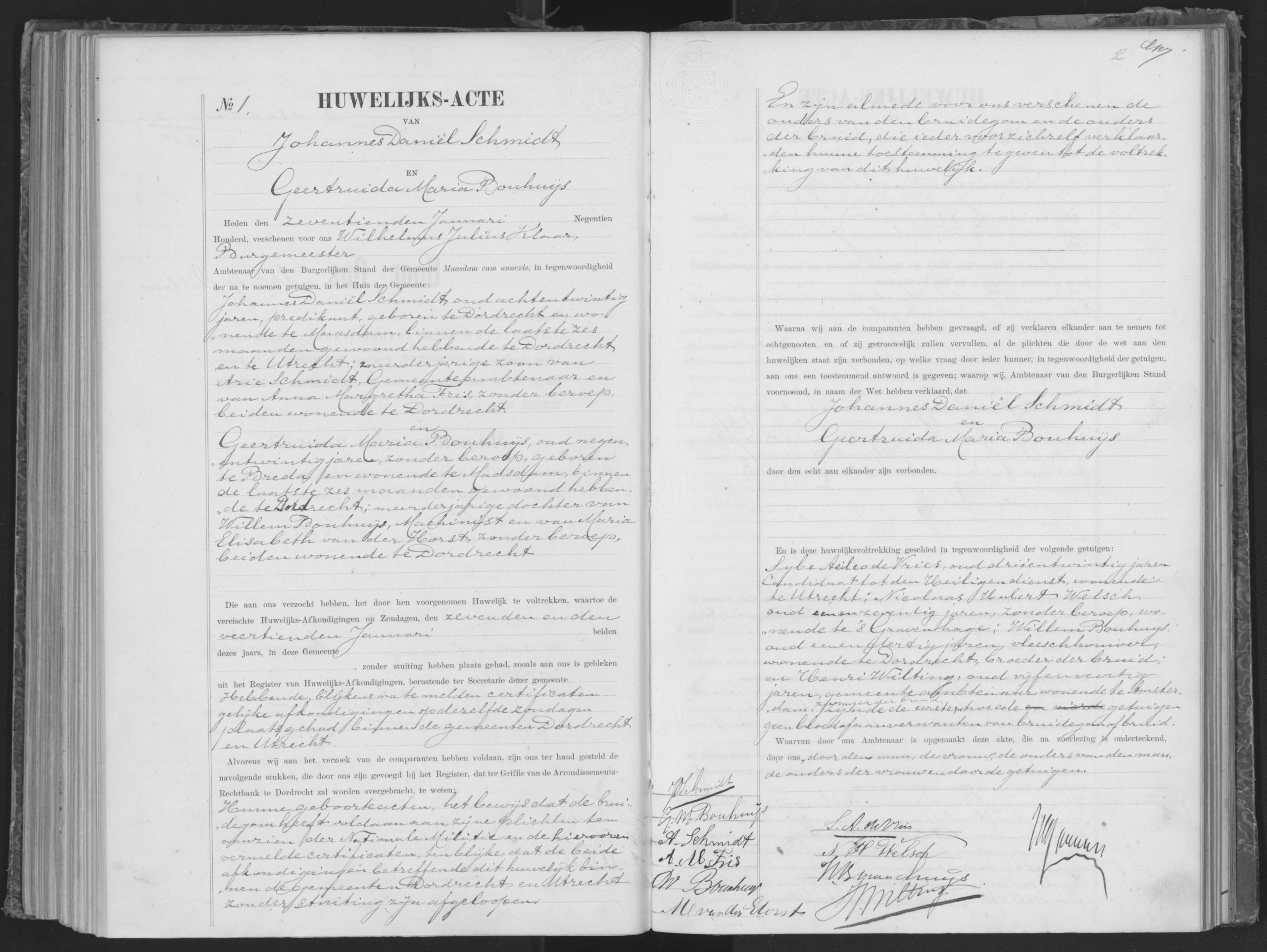 Huwelijksakte van de ouders van Annie M.G. Schmidt. Bron: MyHeritage, collectie Nederland, Huwelijksregister (Burgerlijke Stand), 1811-1940