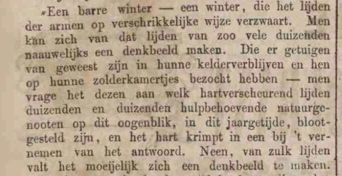 Dit fragment uit de Utrechtsche Provinciale en Stadscourant van 20 februari 1855 maakt duidelijk hoe zwaar onze voorouders, met name de arme families, het konden hebben tijdens een barre winter. (Bron: MyHeritage)