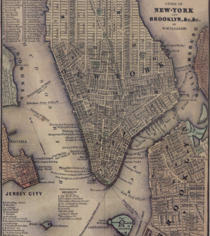 Oude kaart van New York daterend uit 1847, met onderaan Ellis Island