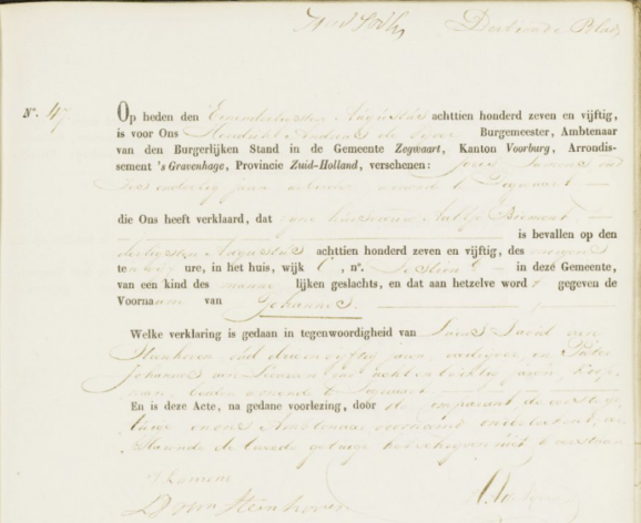 Geboorteakte van Pieter van Leeuwen, 7 september 1857 te Zegwaart, Zuid-Holland. Bron: MyHeritage, collectie Nederland, Geboorteregister Burgerlijke Stand, 1811-1915