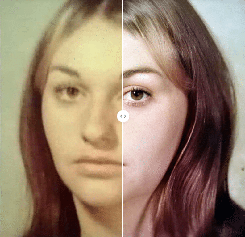 Angela op haar 18e. Foto verbeterd en kleuren hersteld door MyHeritage