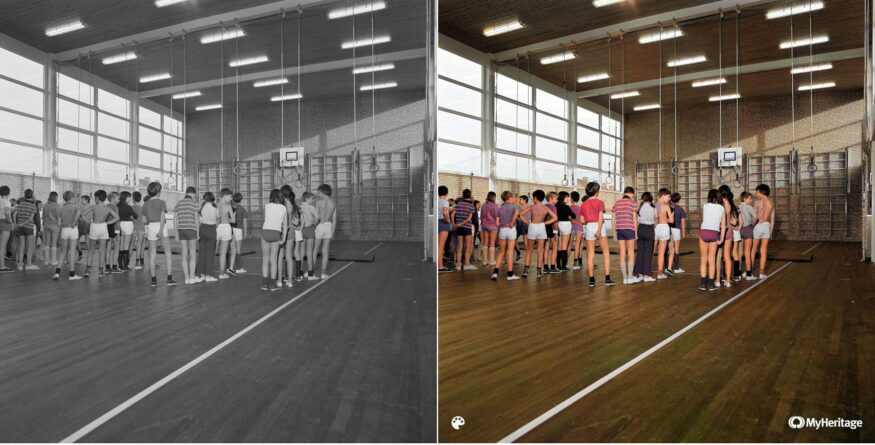 Amstenrade. Gymzaal project. Bron Nationaal Archief, CCO. Originele foto (links) ingekleurd met MyHeritage In Color (rechts)