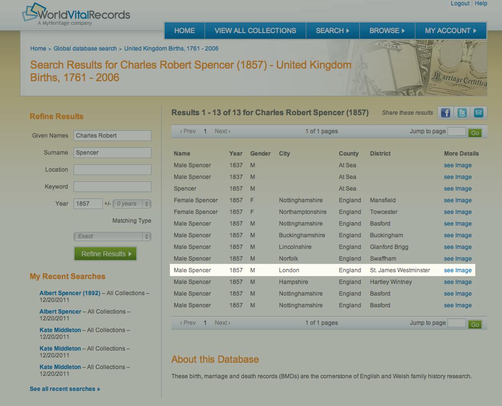 Voorbeeld van WorldVitalRecords: Transcriptie van de geboorteregistratie van de overgrootvader van Prinses Diana (Charles Robert Spencer) Voorbeeld van WorldVitalRecords: Transcriptie van de geboorteregistratie van de overgrootvader van Prinses Diana (Charles Robert Spencer)