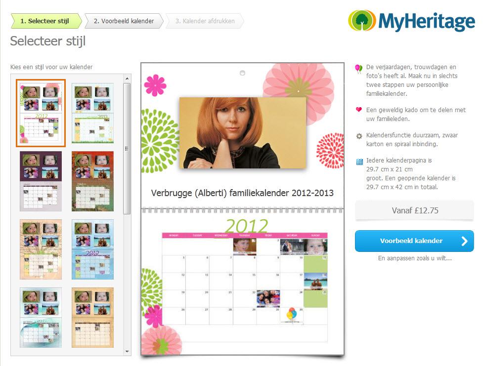 Gepersonaliseerde Familiekalenders van MyHeritage (klik voor vergroting)