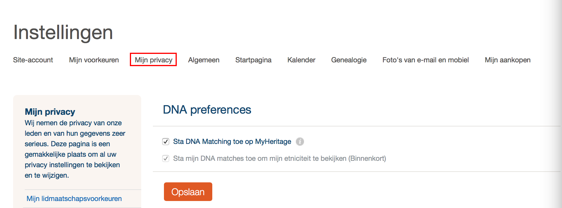 DNA-instellingen onder 'Mijn Privacy' (klik om te vergroten)